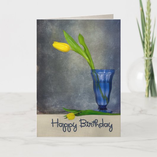 Gelbe Tulpe zum Geburtstag aus blauem Glas Karte (Vorderseite)