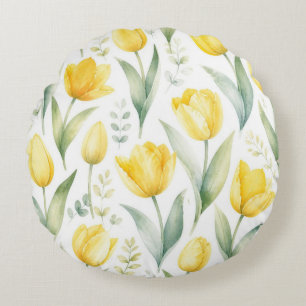 Gelbe Tulpen Aquarell-Blumenmalerei Botanisch Rundes Kissen