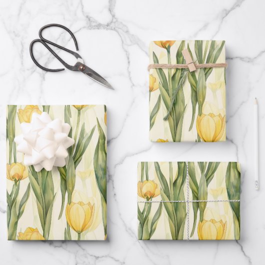 Gelbe Tulpen im Aquarellstil Umfassender Druck Geschenkpapier Set (Vorderseite)