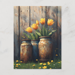 Gelbe Tulpen in rustikalen Behältern Kunst Postkarte
