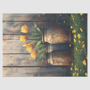Gelbe Tulpen in rustikalen Kannen Kunst-Decoupage Seidenpapier