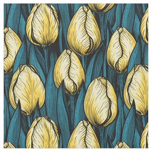 Gelbe Tulpen mit blauen Blätter Stoff (Nahaufnahme)