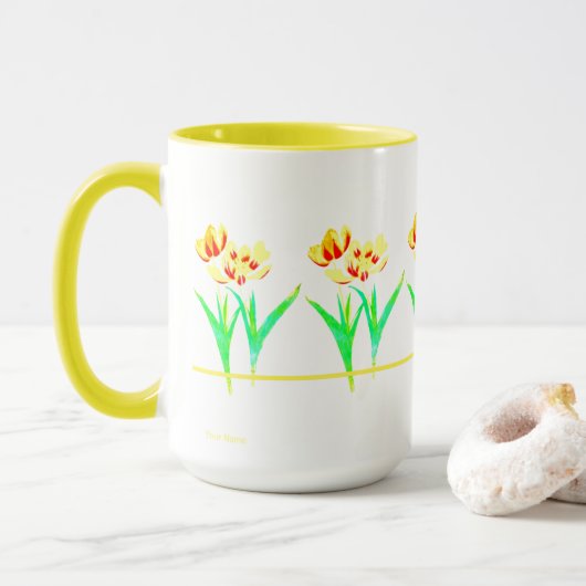 Gelbe Tulpen mit Text, große Tasse (Mit Donut)