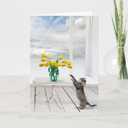 Gelbe Tulpen und Katzen zum Geburtstag Karte (Vorderseite)