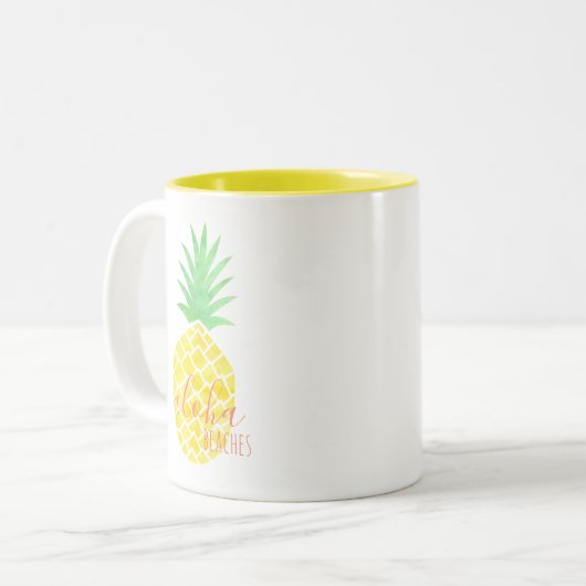 Gelbe u. grüne Aquarell-Ananas-Aloha Strände Zweifarbige Tasse (Vorderseite Links)