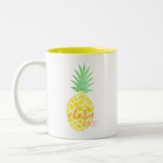 Gelbe u. grüne Aquarell-Ananas-Aloha Strände Zweifarbige Tasse (Links)