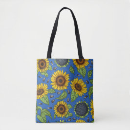 Gelbe Ukraine Sonnenblumen auf blauer Tasche