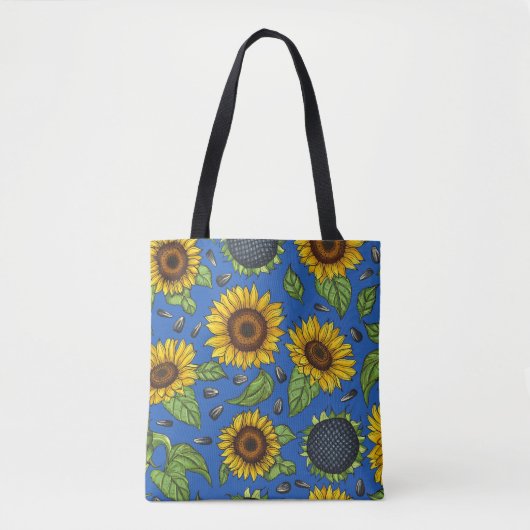 Gelbe Ukraine Sonnenblumen auf blauer Tasche (Vorderseite)