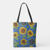 Gelbe Ukraine Sonnenblumen auf blauer Tasche (Rückseite)