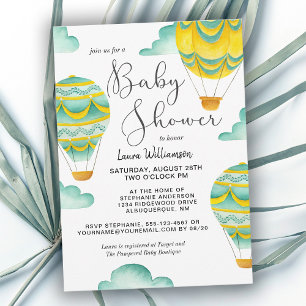 Gelbe und aquafarbene Heißluftballons Baby Shower Einladung