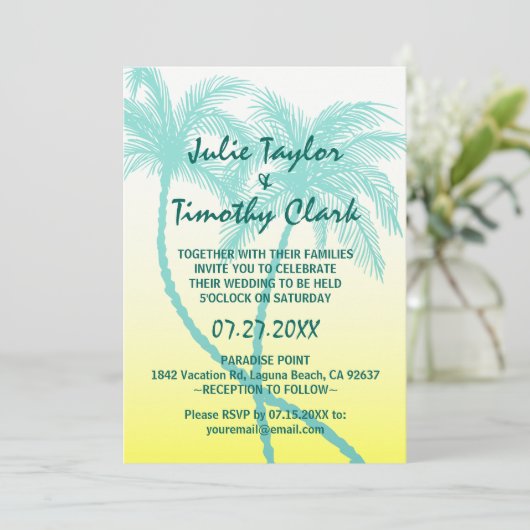 Gelbe und Aquamarine Blauer Palmenbaum Einladungen (Stehend Vorderseite)