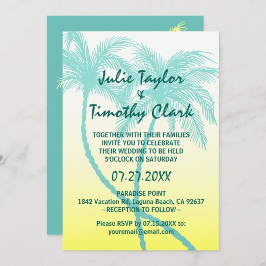 Gelbe und Aquamarine Blauer Palmenbaum Einladungen (Vorne/Hinten)