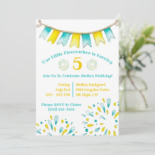 Gelbe und Aquamarine Feuerwehr, Feuerwerk zum Gebu Einladung (Stehend Vorderseite)