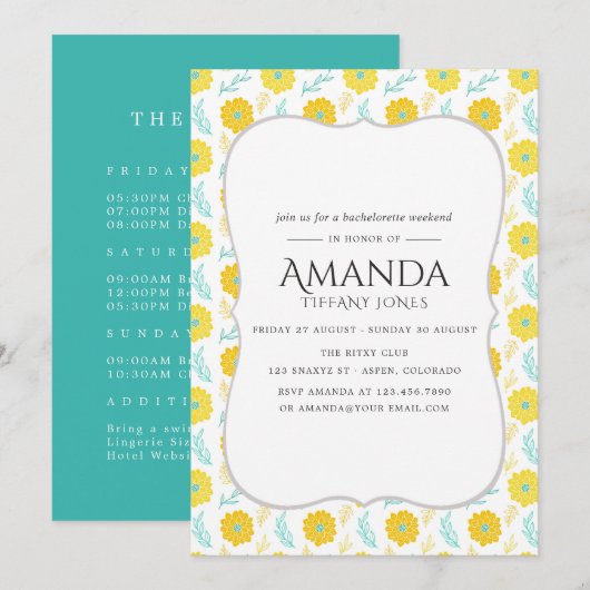 Gelbe und Aquamarine florale Bachelorette Wochenen Einladung (Vorne/Hinten)