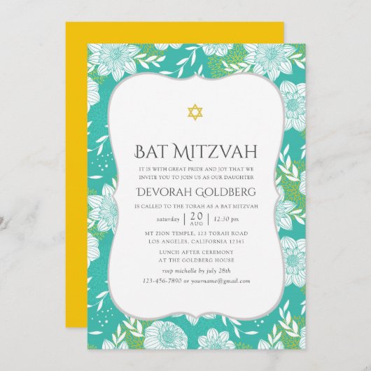 Gelbe und Aquamarine florale Bat Mitzvah Einladung (Vorne/Hinten)