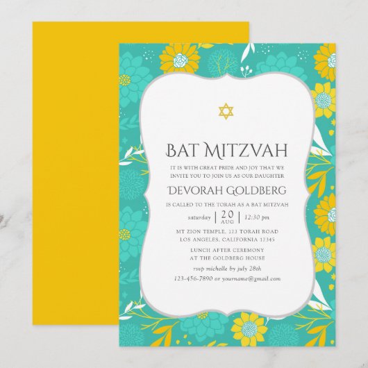 Gelbe und Aquamarine florale Bat Mitzvah Einladung (Vorne/Hinten)