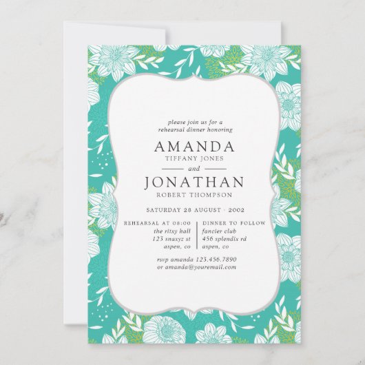 Gelbe und Aquamarine florale Probe Abendessen Einladung (Vorderseite)