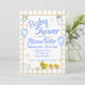 Gelbe und blaue Babydusche Einladung (Stehend Vorderseite)