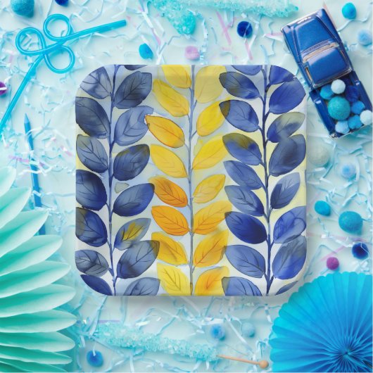 Gelbe und blaue Blätter Pappteller (Party)