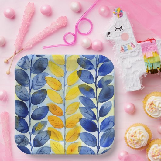 Gelbe und blaue Blätter Pappteller (Party)