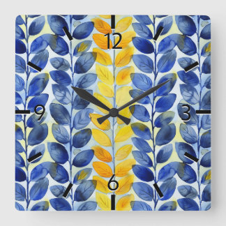 Gelbe und blaue Blätter Quadratische Wanduhr