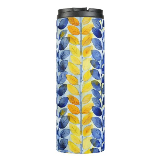 Gelbe und blaue Blätter Thermosbecher (Rückseite)