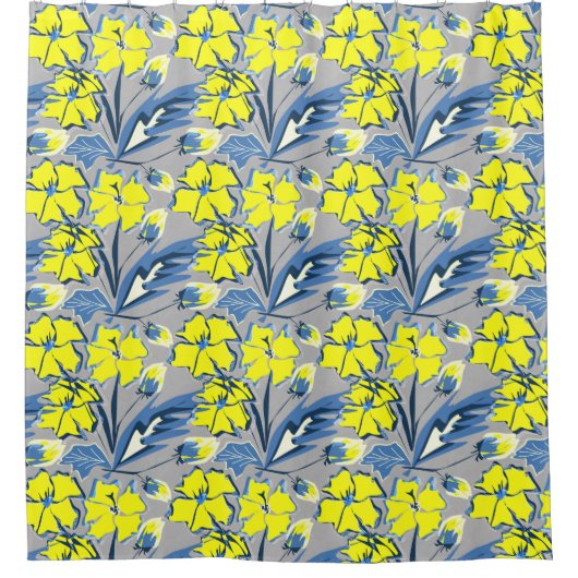 Gelbe und blaue Blumen mit Glitzern. Duschhaube Duschvorhang (Vorderseite)