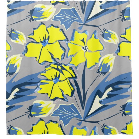 Gelbe und blaue Blumen mit Glitzern. Duschvorhang (Vorderseite)