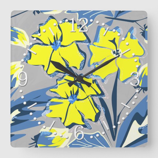 Gelbe und blaue Blumen mit Glitzern. große Uhr (Vorderseite)