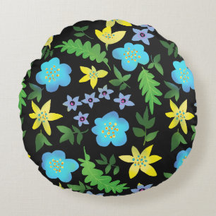 Gelbe und blaue Blumen Rundes Kissen