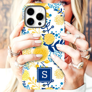 Gelbe und blaue Blumenmonogramm-Initiale iPhone 16 Pro Max Hülle