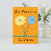 Gelbe und blaue Daisy Blumen Einladungen Hochzeite (Stehend Vorderseite)