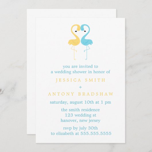 Gelbe und blaue Flamingos Paare Polterabend Einladung (Vorne/Hinten)