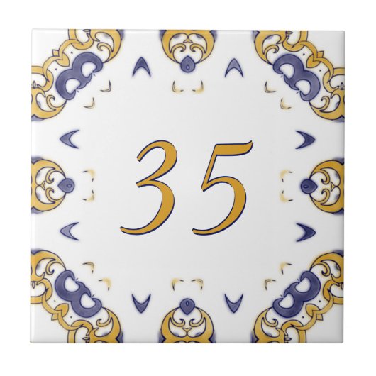 Gelbe und blaue große Hausnummer Fliese (Vorderseite)