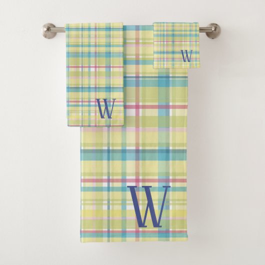 Gelbe und blaue Karierte Monogramm Badhandtuch Set (Insitu)