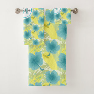 gelbe und blaue Monogramm-Blüte Badhandtuch Set