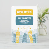 Gelbe und blaue Retro-Gebäude mit beweglicher Ankü Einladung (Stehend Vorderseite)