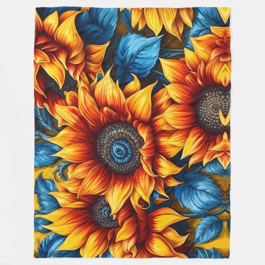 Gelbe und blaue Sonnenblumen Fleecedecke (Vorderseite)