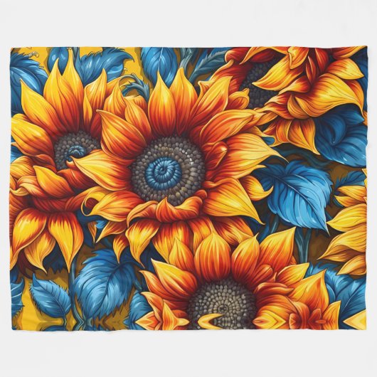Gelbe und blaue Sonnenblumen Fleecedecke (Vorderseite (Horizontal))