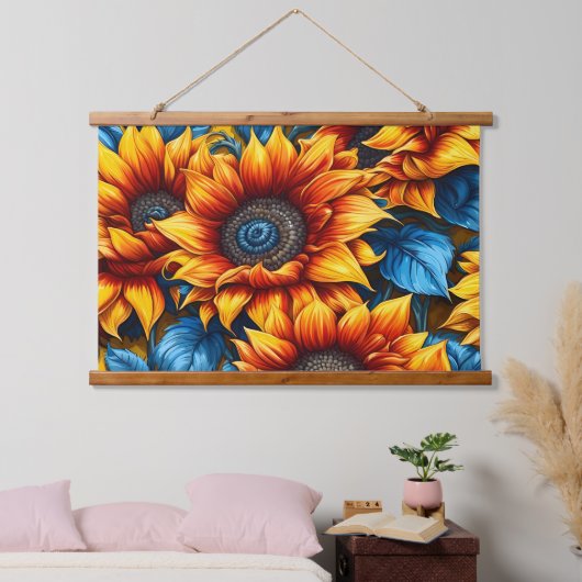 Gelbe und blaue Sonnenblumen Wandteppich Mit Holzrahmen (Schlafzimmer)