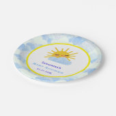 Gelbe und blaue Sonnenschirmwolken Babydusche Pappteller (Schrägansicht)