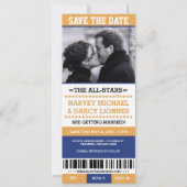 Gelbe und blaue Sportkarte Save the Date Einladung (Vorderseite)