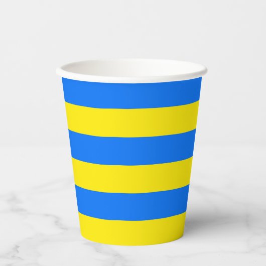 Gelbe und blaue Streifen Pappbecher (Vorderseite)