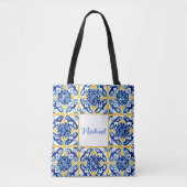 Gelbe und blaue Tile Sommerliche Reise Tasche (Vorderseite)