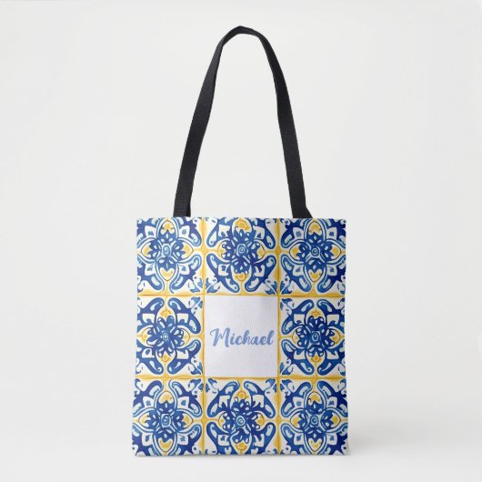 Gelbe und blaue Tile Sommerliche Reise Tasche (Vorderseite)