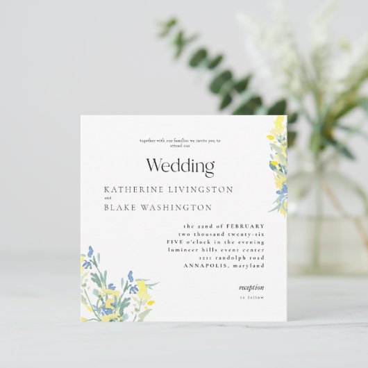 Gelbe und blaue Wildblumen Square Wedding Einladung (Stehend Vorderseite)