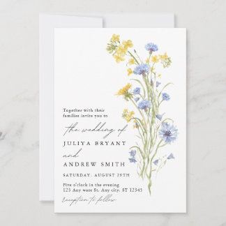 Gelbe und blaue Wildblumenhochzeit Einladung