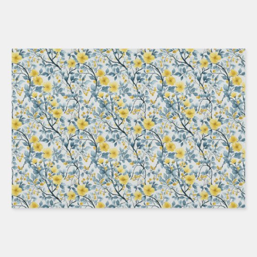 Gelbe und blaue Zweige und Blüten Geschenkpapier Set (Vorderseite 3)