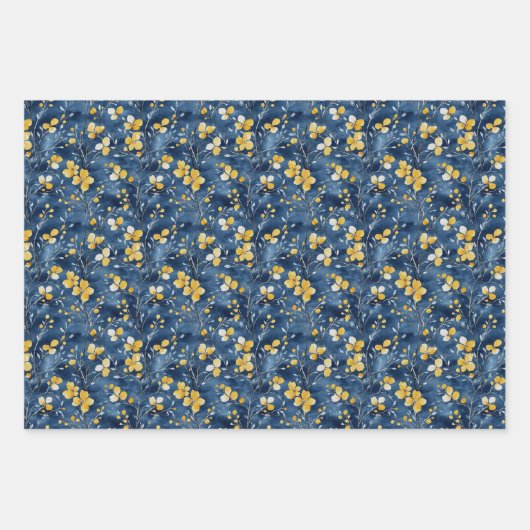 Gelbe und blaue Zweige und Blüten Geschenkpapier Set (Vorderseite 2)