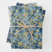 Gelbe und blaue Zweige und Blüten Geschenkpapier Set (Beispiel)